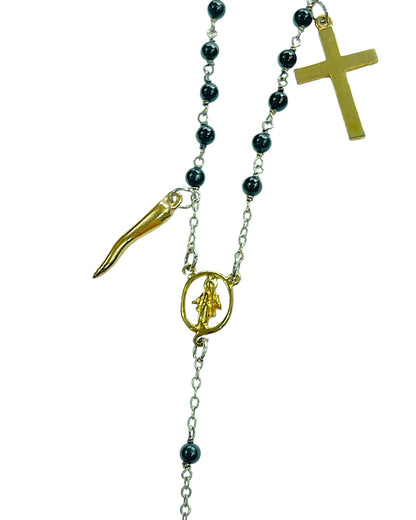 Dolce & Gabbana Gold Alloy Black Jade Cross Rosary Charms Necklace