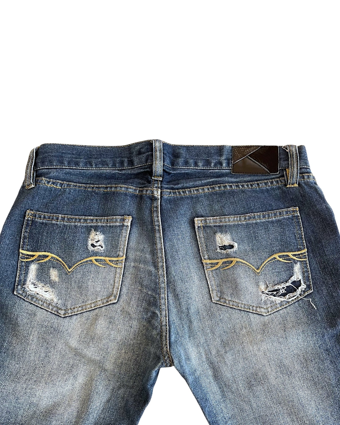 Fuga Whisker Marble Blue Washed Distressed Flare Denim Jeans