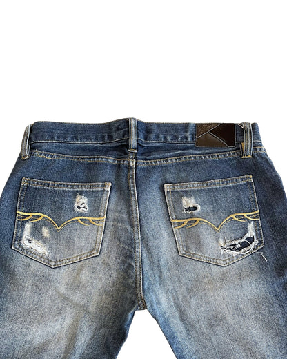 Fuga Whisker Marble Blue Washed Distressed Flare Denim Jeans