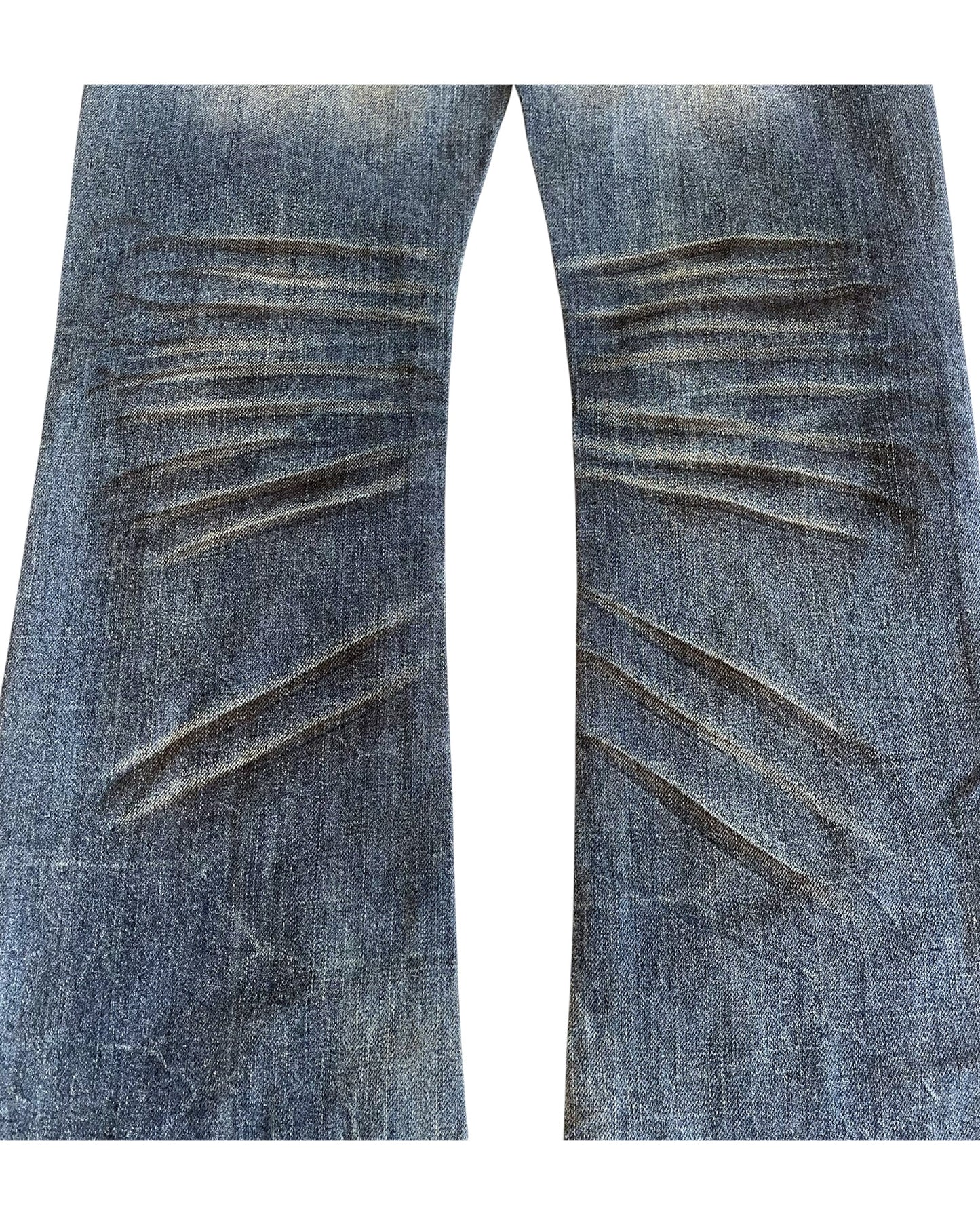 Fuga Whisker Marble Blue Washed Distressed Flare Denim Jeans