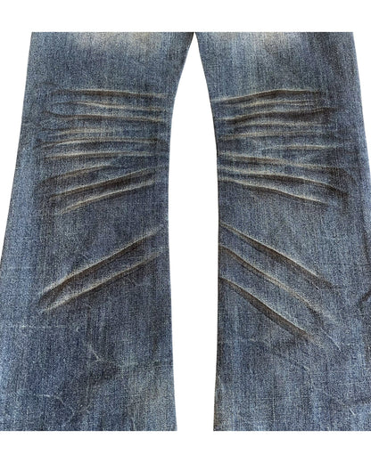 Fuga Whisker Marble Blue Washed Distressed Flare Denim Jeans