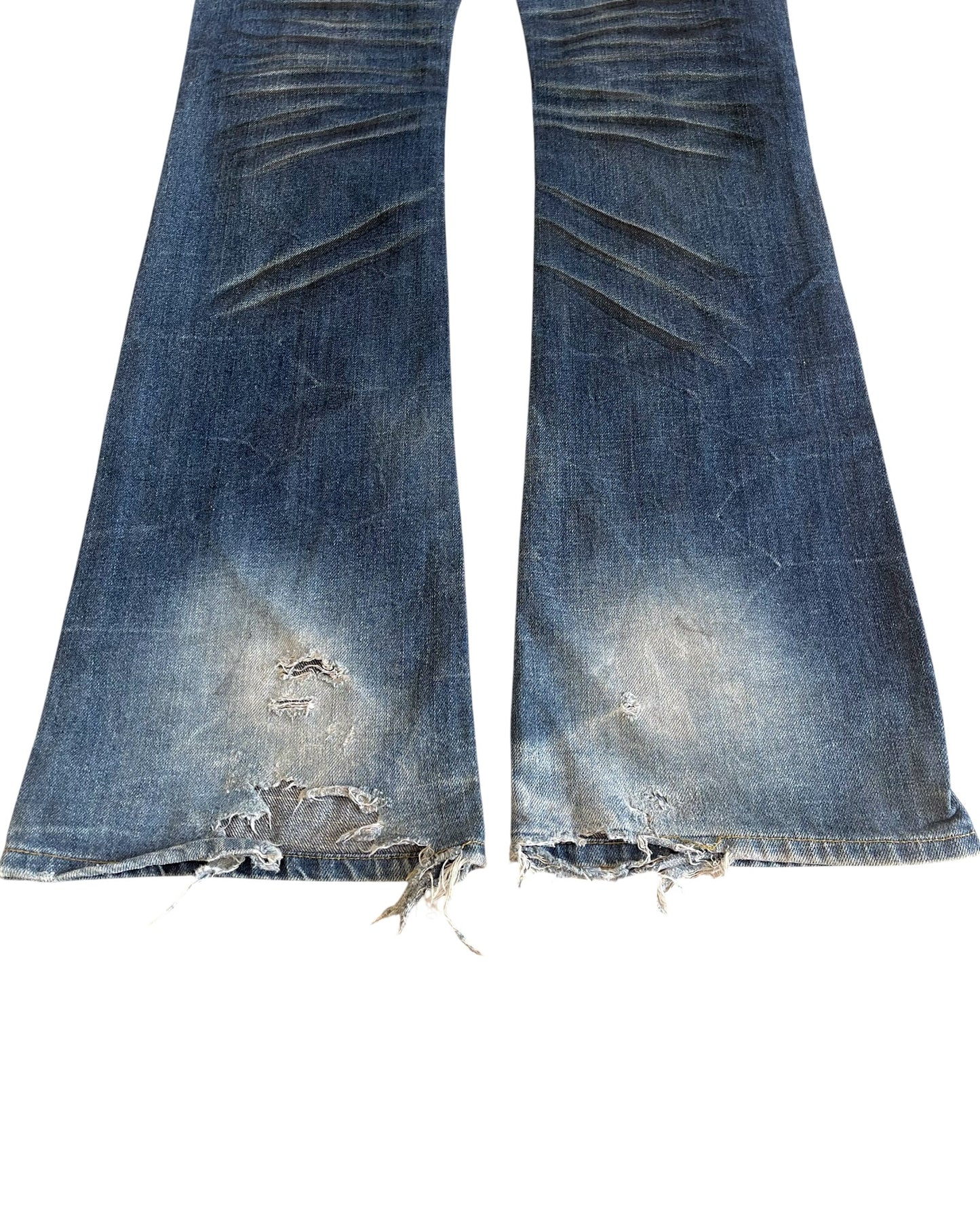Fuga Whisker Marble Blue Washed Distressed Flare Denim Jeans