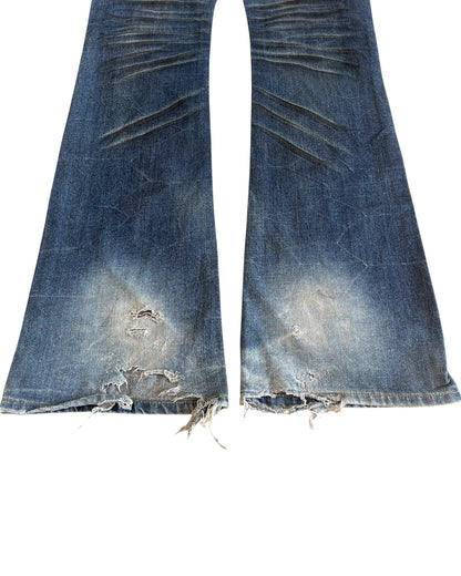 Fuga Whisker Marble Blue Washed Distressed Flare Denim Jeans