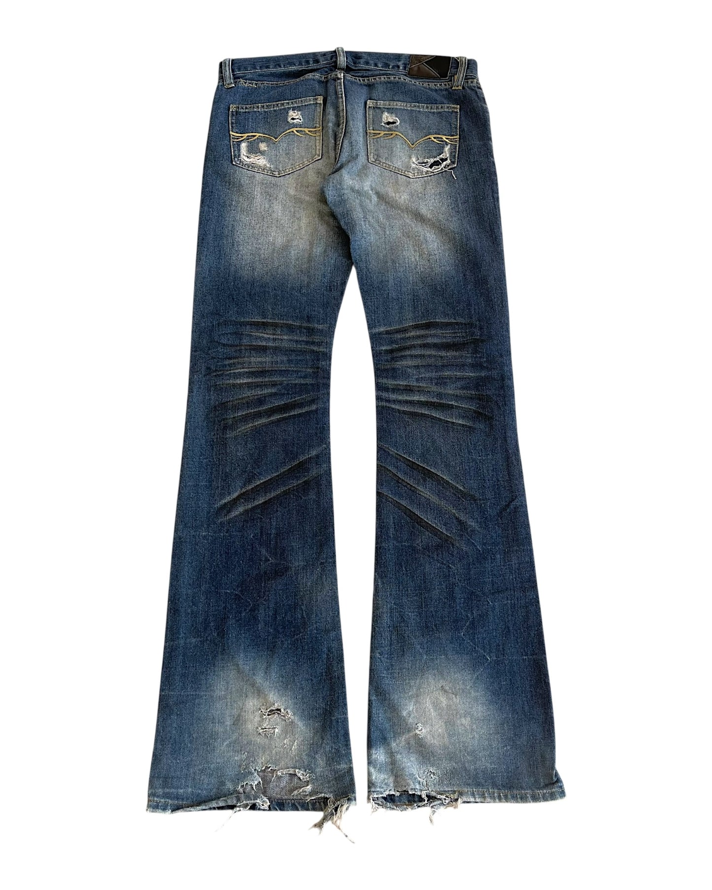 Fuga Whisker Marble Blue Washed Distressed Flare Denim Jeans