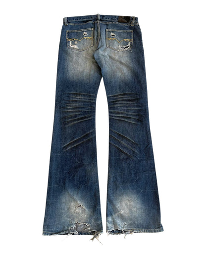 Fuga Whisker Marble Blue Washed Distressed Flare Denim Jeans