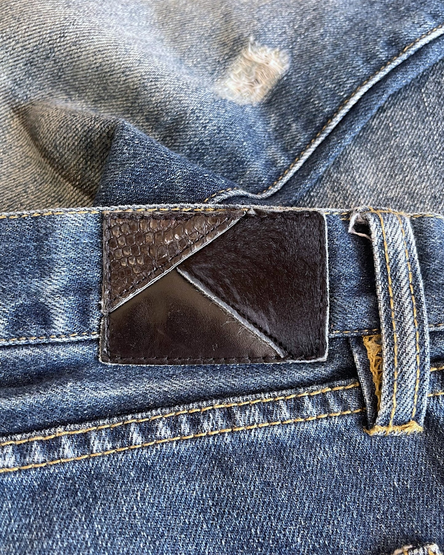 Fuga Whisker Marble Blue Washed Distressed Flare Denim Jeans