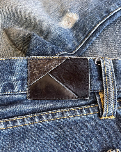Fuga Whisker Marble Blue Washed Distressed Flare Denim Jeans