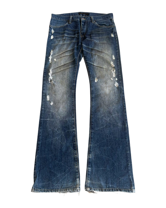 Fuga Whisker Marble Blue Washed Distressed Flare Denim Jeans