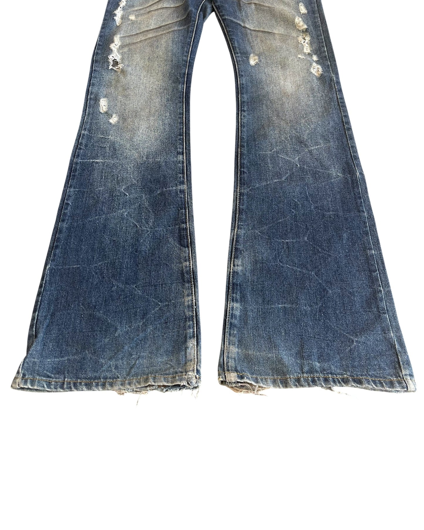Fuga Whisker Marble Blue Washed Distressed Flare Denim Jeans