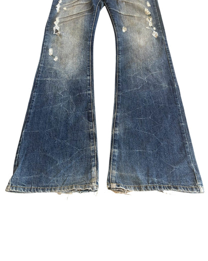 Fuga Whisker Marble Blue Washed Distressed Flare Denim Jeans