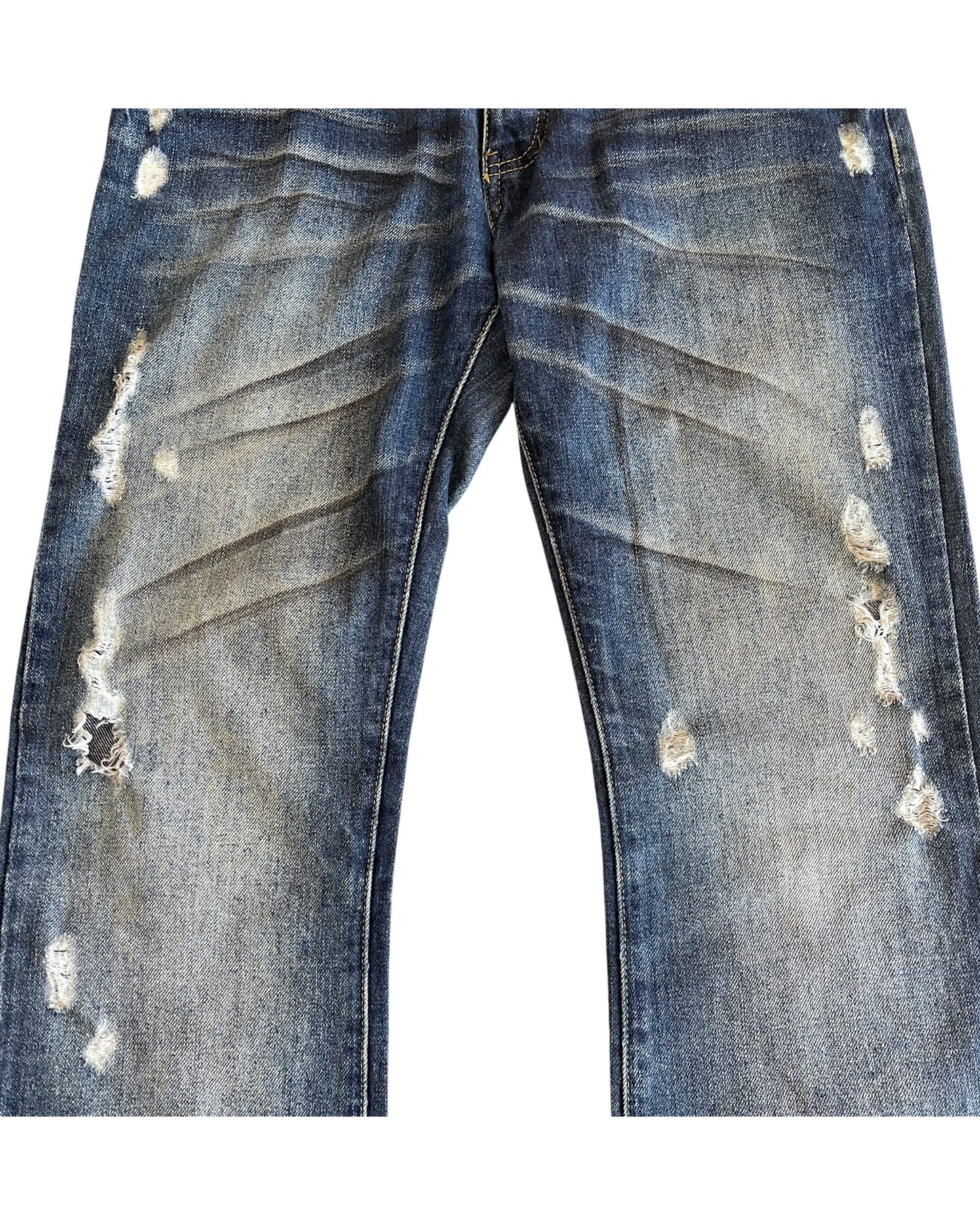 Fuga Whisker Marble Blue Washed Distressed Flare Denim Jeans