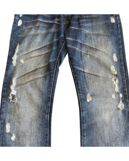 Fuga Whisker Marble Blue Washed Distressed Flare Denim Jeans