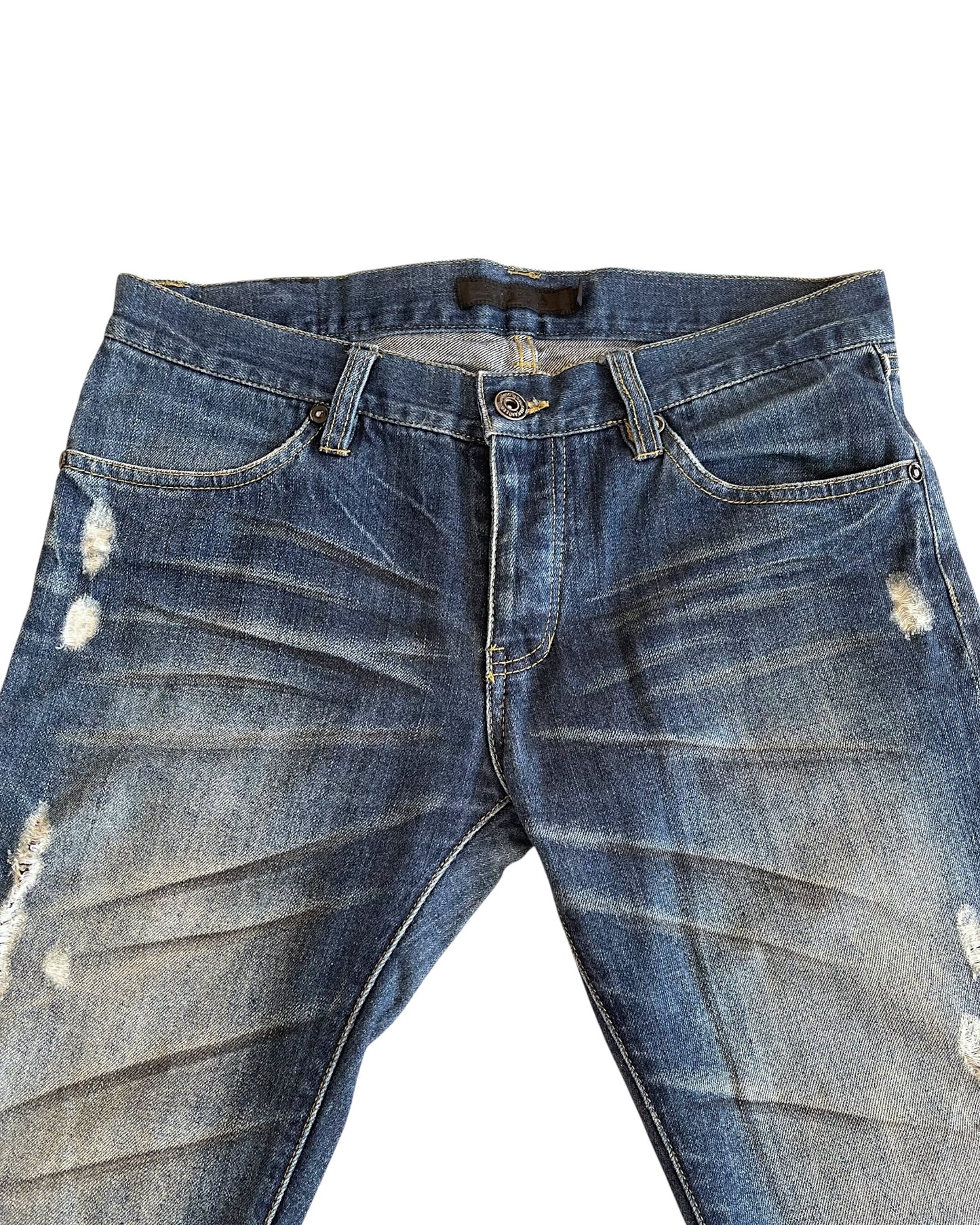 Fuga Whisker Marble Blue Washed Distressed Flare Denim Jeans