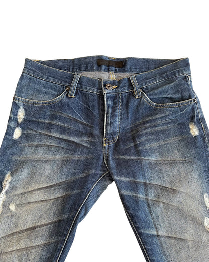 Fuga Whisker Marble Blue Washed Distressed Flare Denim Jeans
