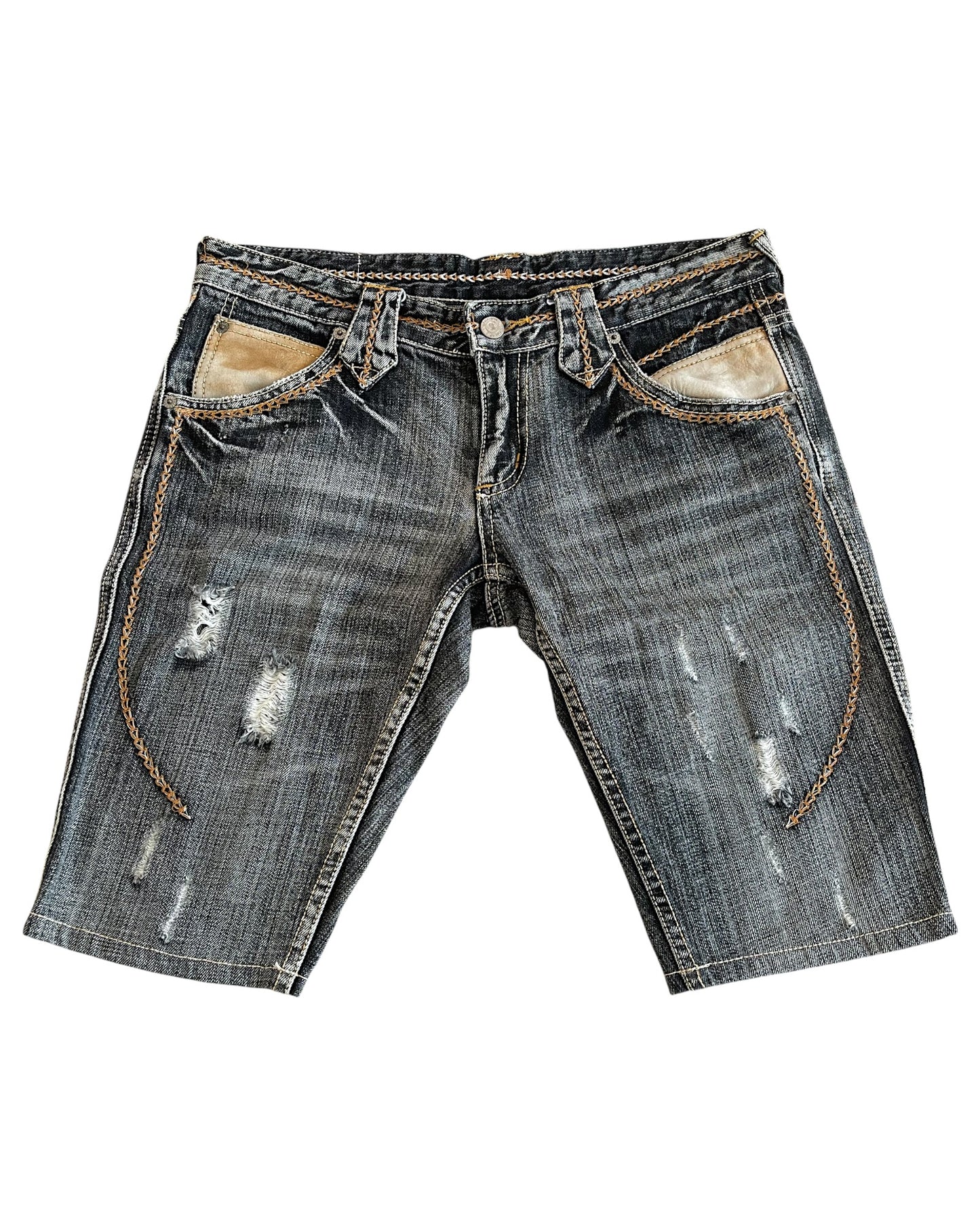 Tornado Mart 2000s Weave Embroidery Leather Patch Distressed Denim Shorts