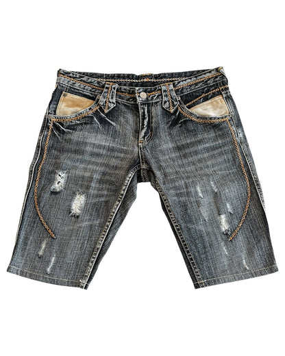 Tornado Mart 2000s Weave Embroidery Leather Patch Distressed Denim Shorts