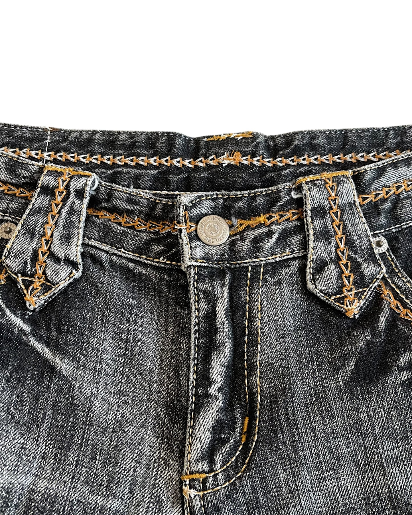 Tornado Mart 2000s Weave Embroidery Leather Patch Distressed Denim Shorts