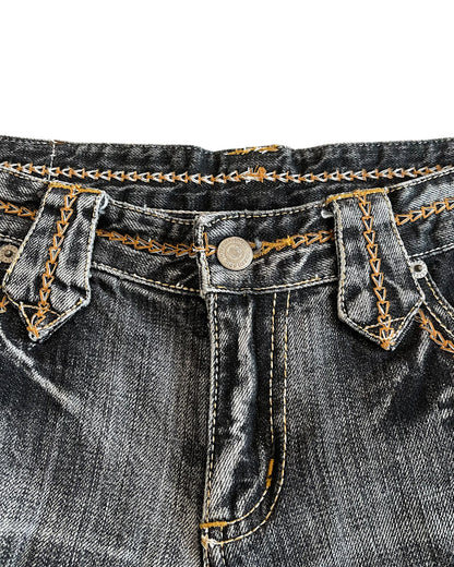 Tornado Mart 2000s Weave Embroidery Leather Patch Distressed Denim Shorts