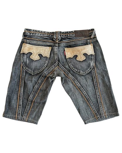Tornado Mart 2000s Weave Embroidery Leather Patch Distressed Denim Shorts