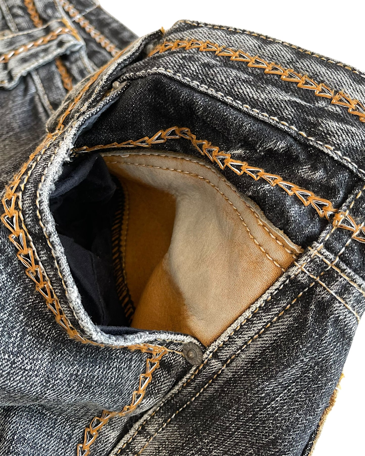Tornado Mart 2000s Weave Embroidery Leather Patch Distressed Denim Shorts