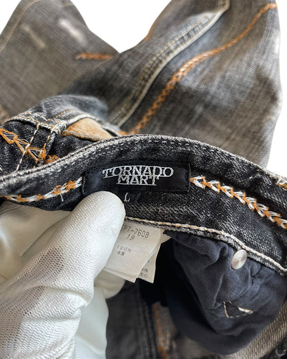 Tornado Mart 2000s Weave Embroidery Leather Patch Distressed Denim Shorts