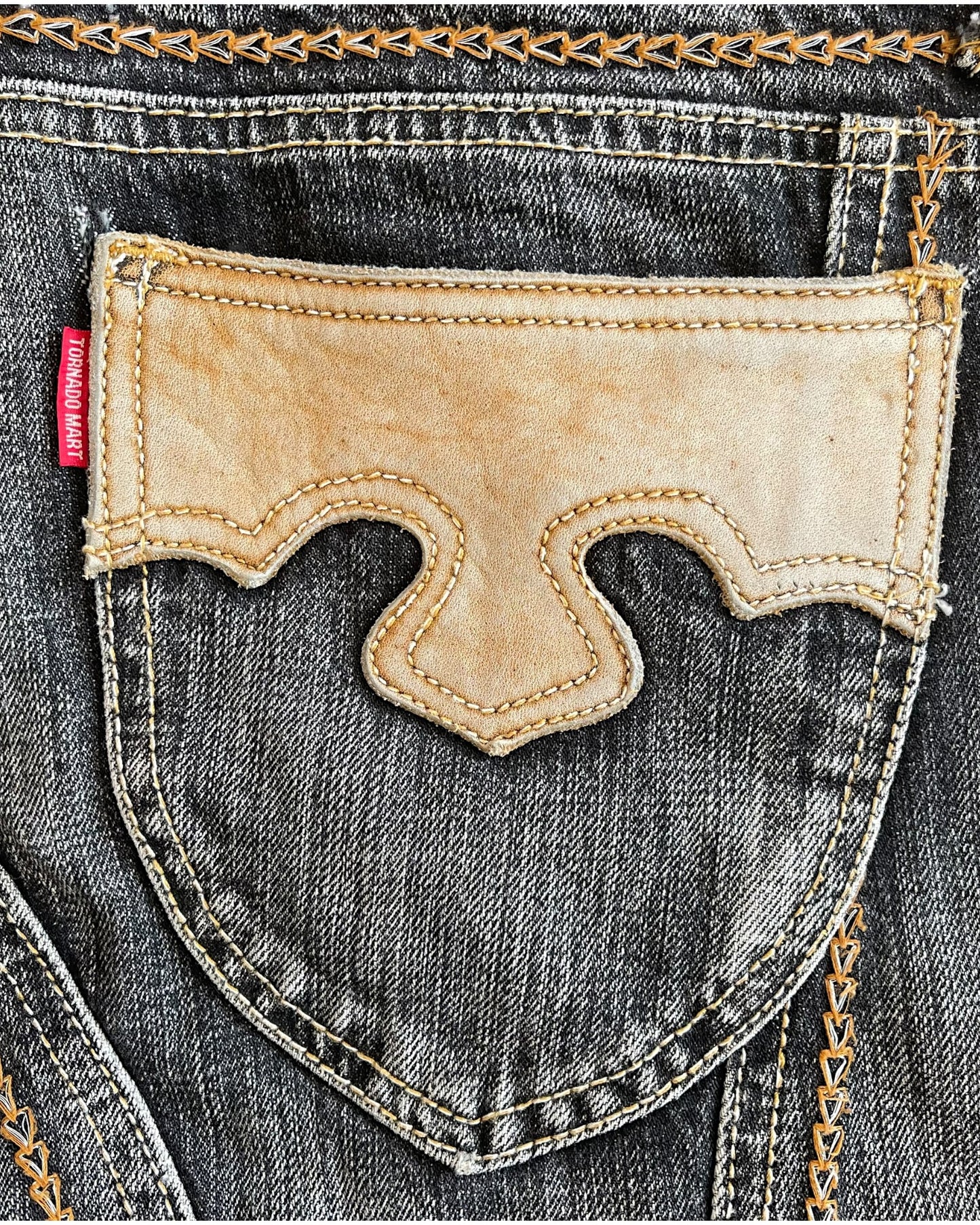 Tornado Mart 2000s Weave Embroidery Leather Patch Distressed Denim Shorts