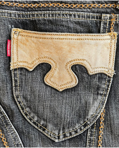 Tornado Mart 2000s Weave Embroidery Leather Patch Distressed Denim Shorts