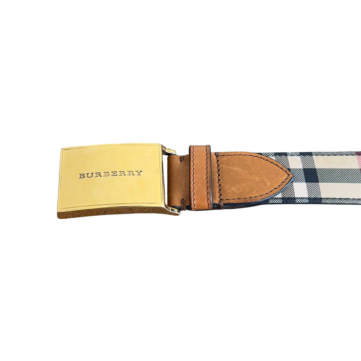 Burberry Engraved Buckle Leather Check Belt