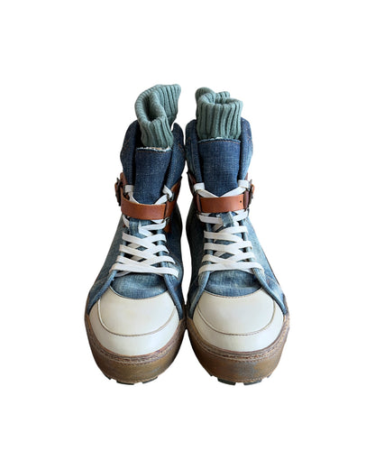 Alfredo Bannister Sock Liner Leather Strap Buckle Denim High Top Sneakers