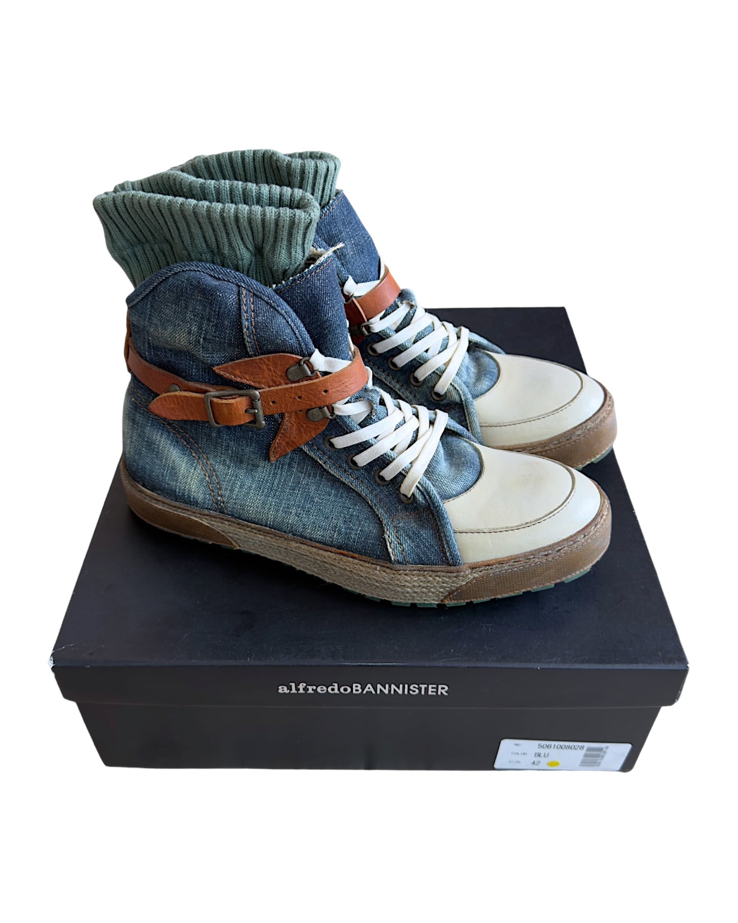 Alfredo Bannister Sock Liner Leather Strap Buckle Denim High Top Sneakers