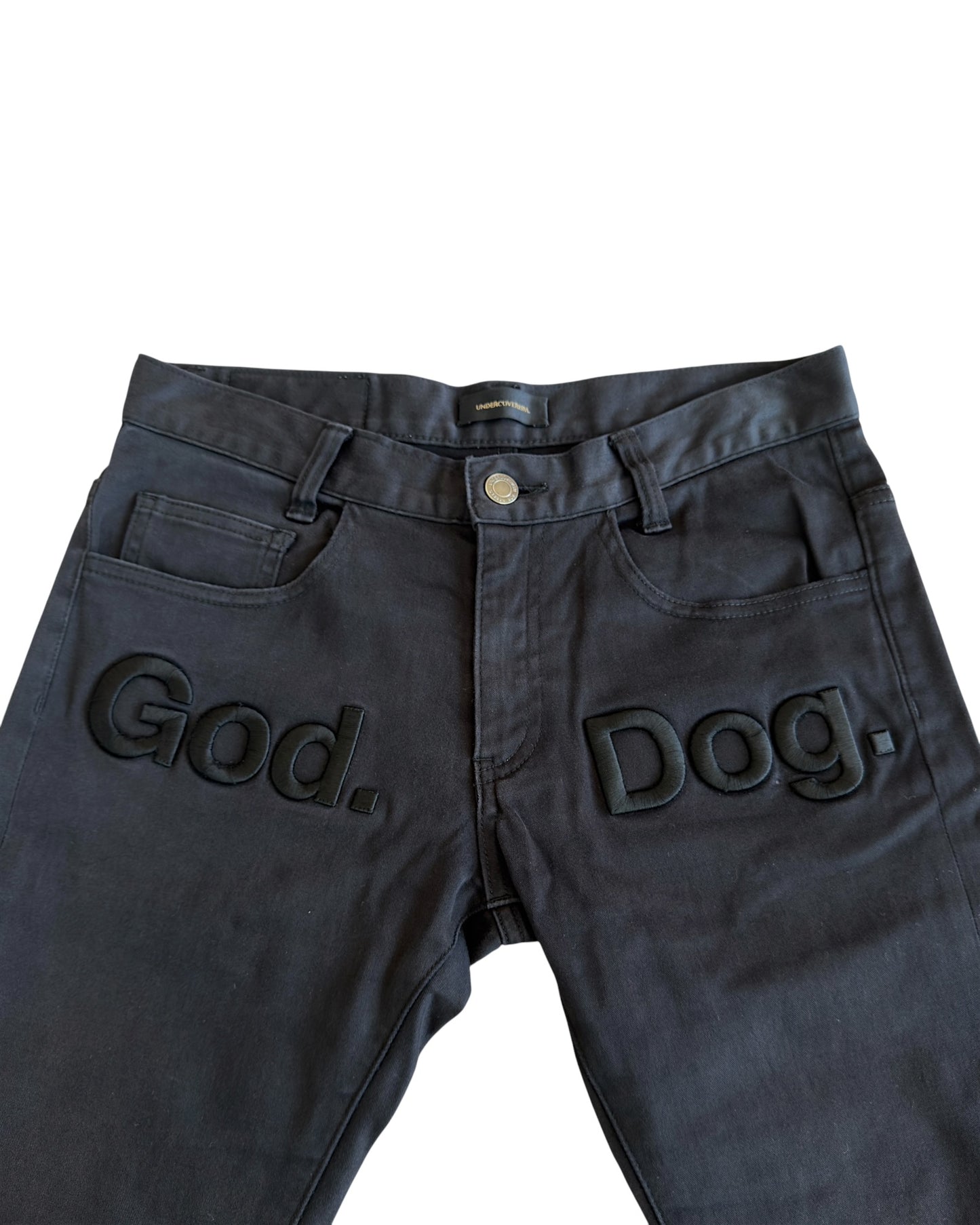 Undercover SS14 "Psychocandy" God Dog Embroidered Text Skinny Pants