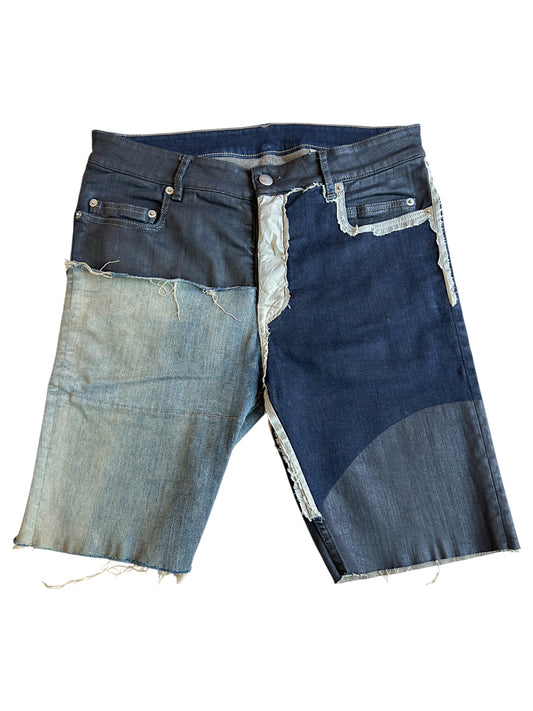 Rick Owens SS2019 "Babel" Black Wax Sample Tyrone Collage Denim Shorts