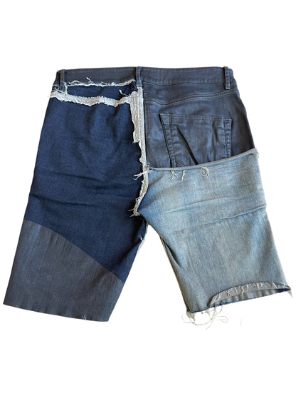 Rick Owens SS2019 "Babel" Black Wax Sample Tyrone Collage Denim Shorts