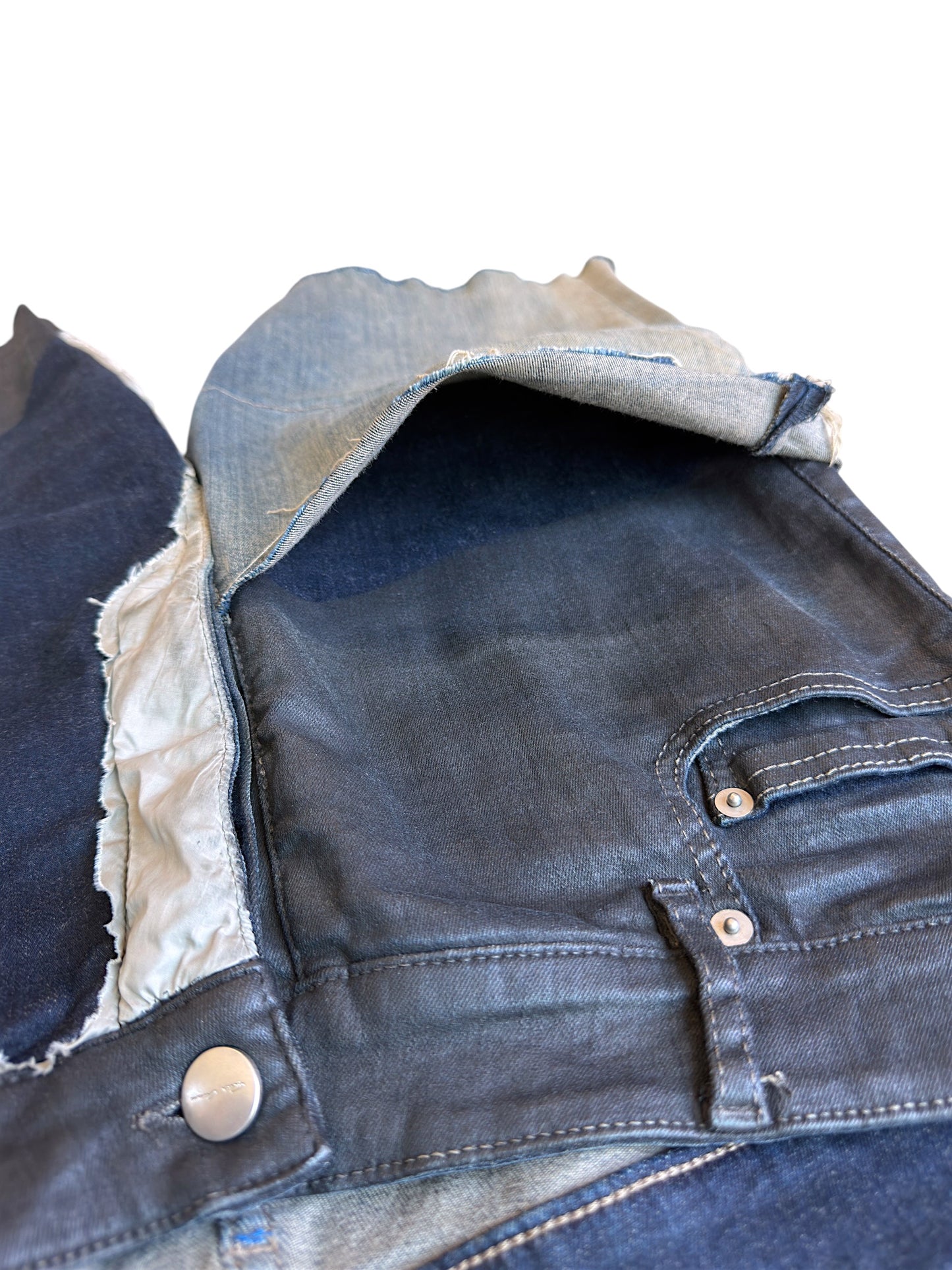 Rick Owens SS2019 "Babel" Black Wax Sample Tyrone Collage Denim Shorts