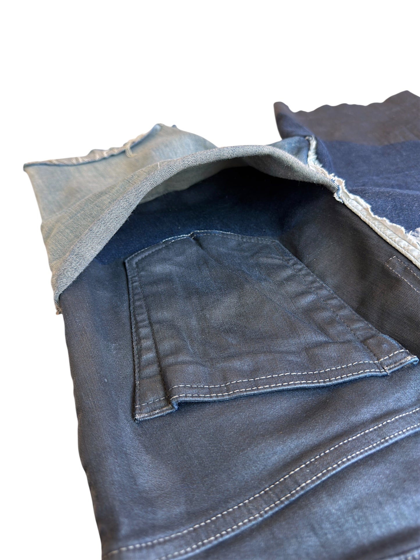 Rick Owens SS2019 "Babel" Black Wax Sample Tyrone Collage Denim Shorts