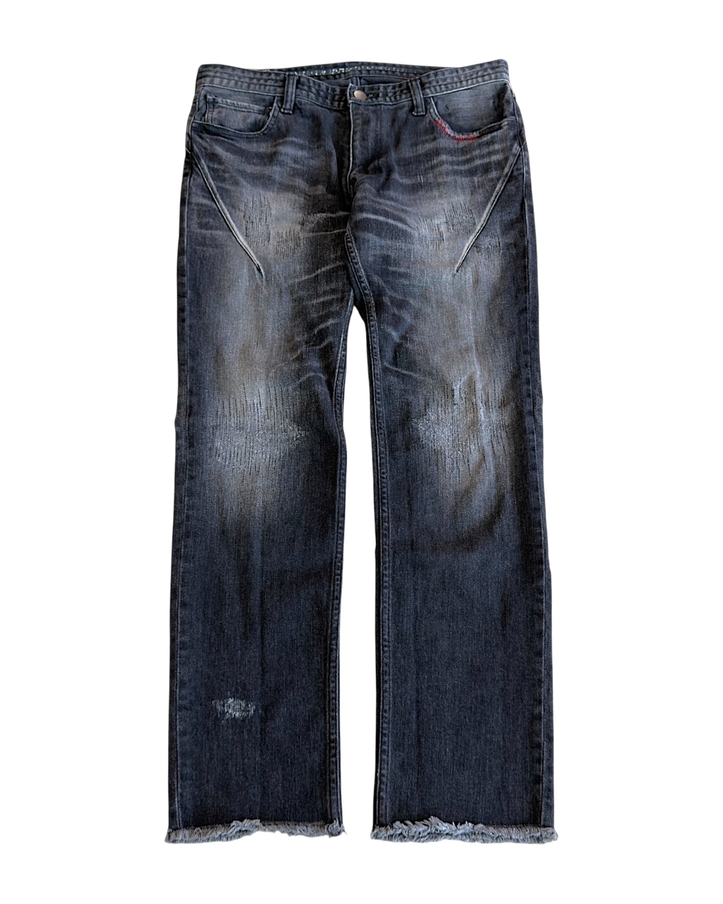 Number (N)ine Washed Black Distressed Repaired Red Stitch Denim Jeans