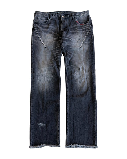 Number (N)ine Washed Black Distressed Repaired Red Stitch Denim Jeans