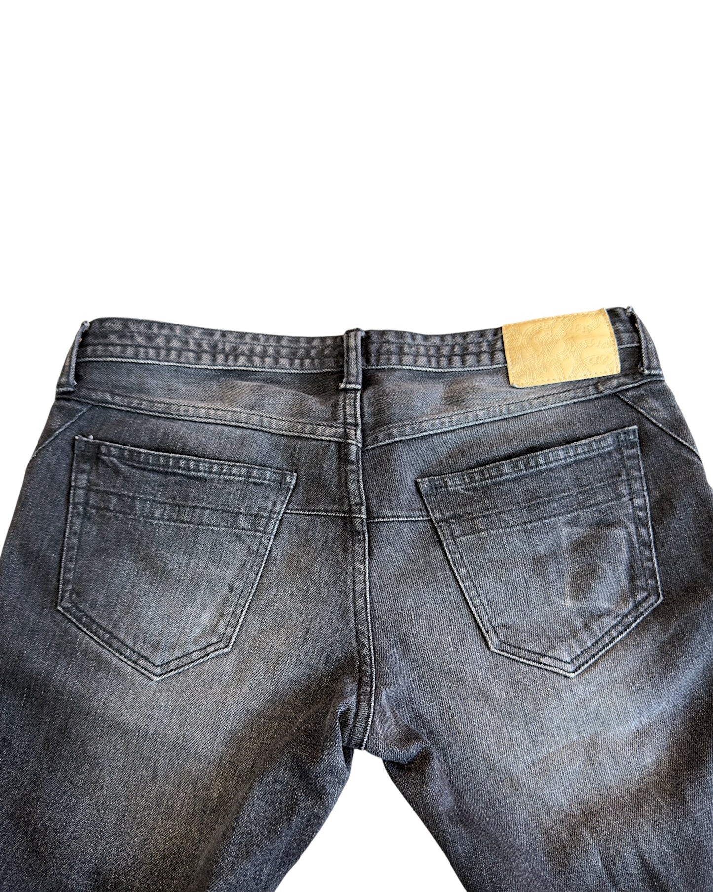 Number (N)ine Washed Black Distressed Repaired Red Stitch Denim Jeans
