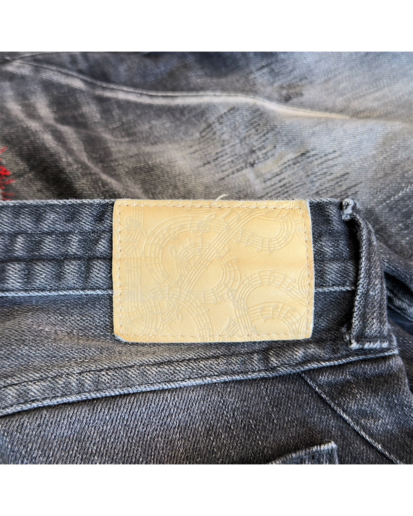Number (N)ine Washed Black Distressed Repaired Red Stitch Denim Jeans