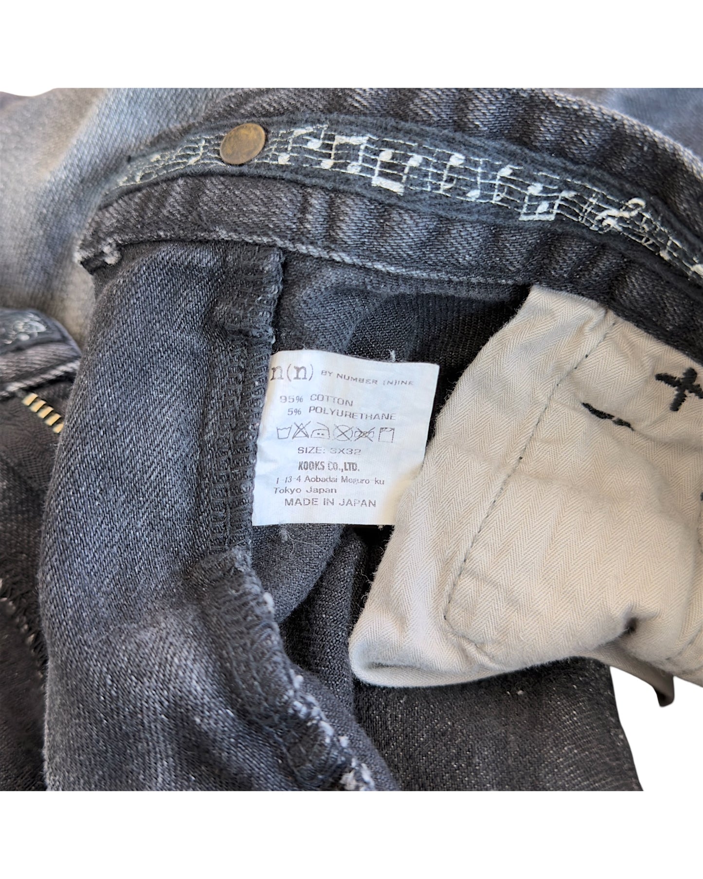 Number (N)ine Washed Black Distressed Repaired Red Stitch Denim Jeans