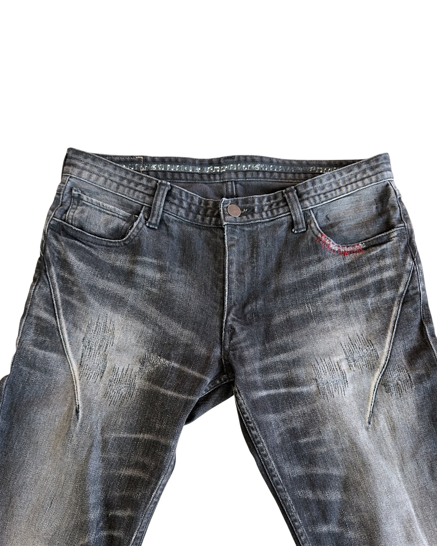 Number (N)ine Washed Black Distressed Repaired Red Stitch Denim Jeans