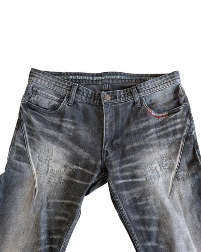 Number (N)ine Washed Black Distressed Repaired Red Stitch Denim Jeans