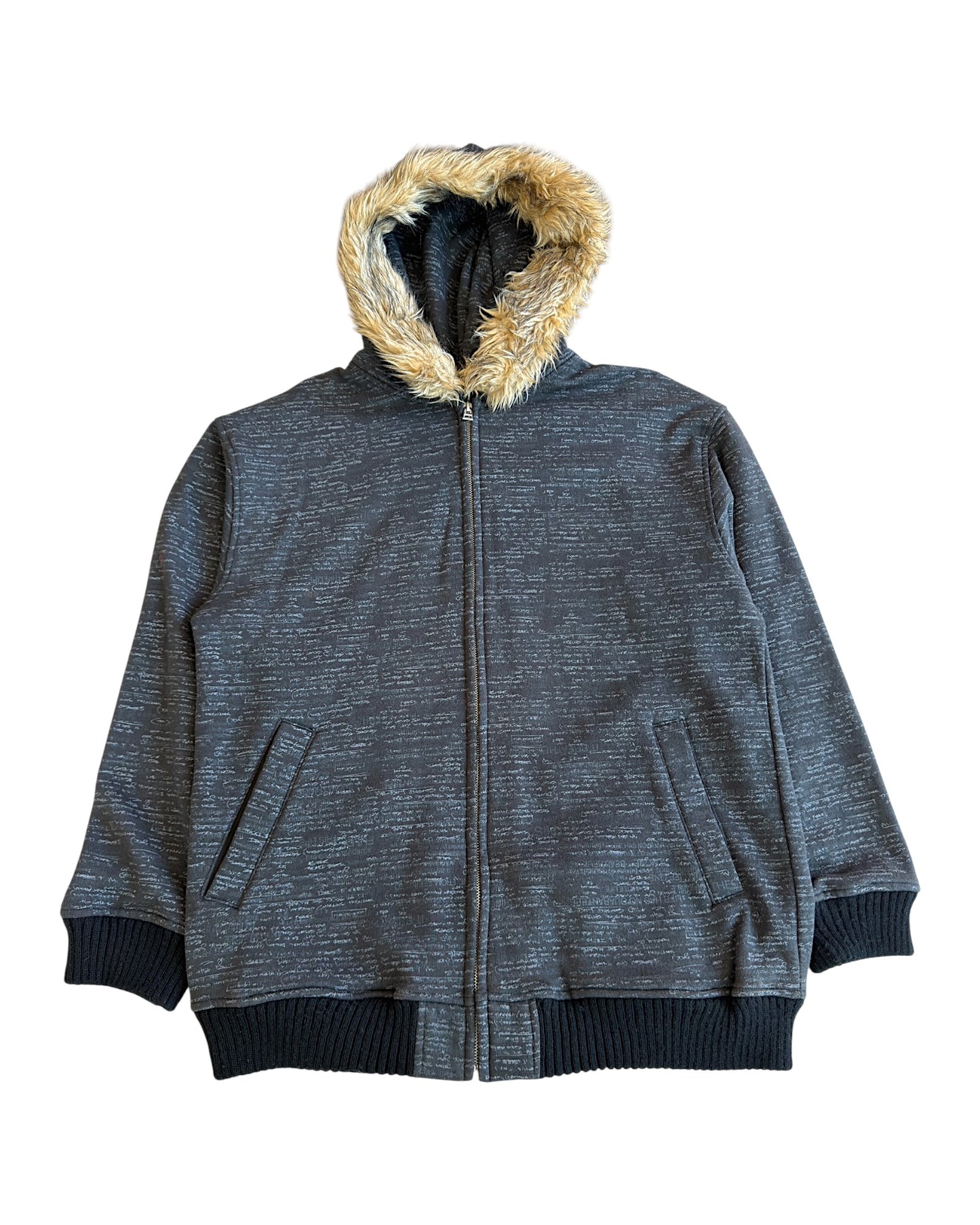Defective Struct Fur Hood All-Over Script Print Zip Sweatshirt