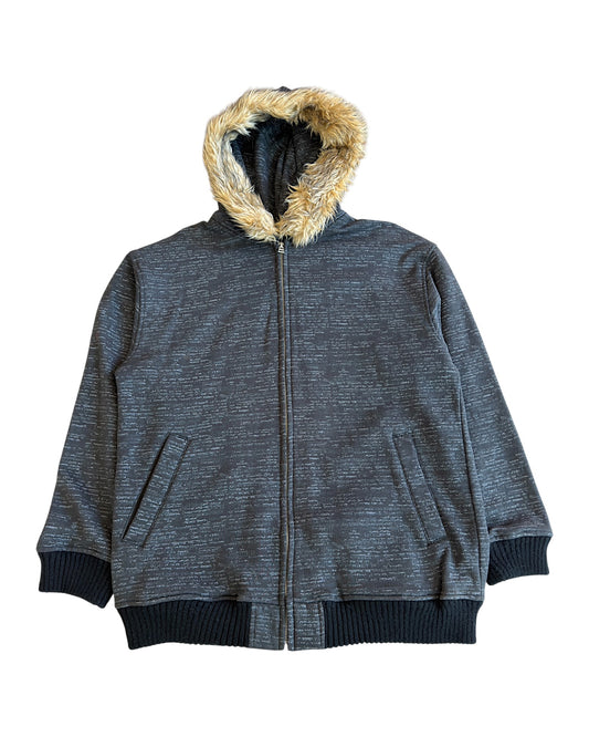 Defective Struct Fur Hood All-Over Script Print Zip Sweatshirt