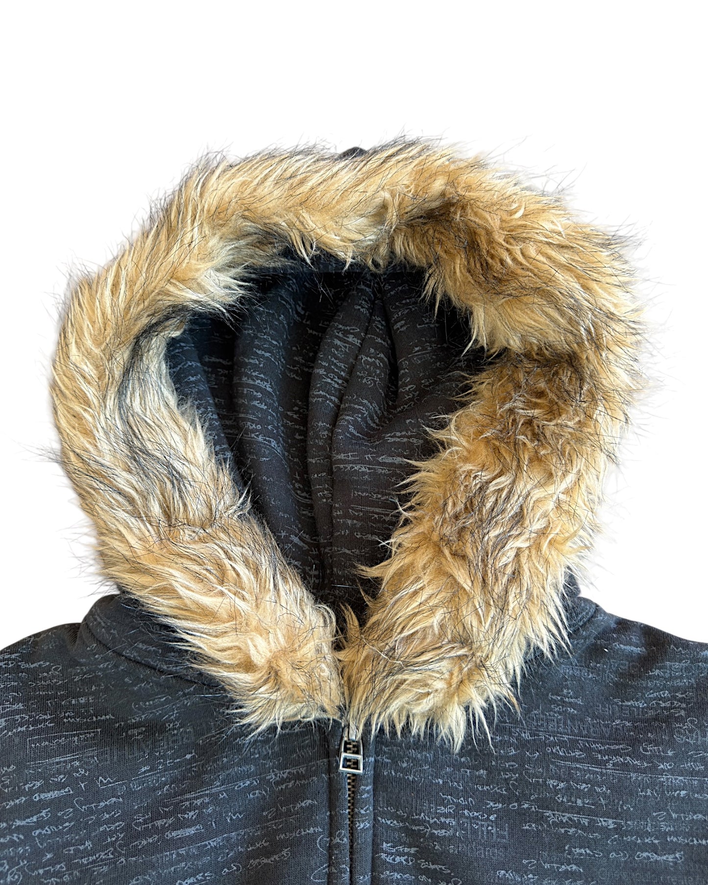Defective Struct Fur Hood All-Over Script Print Zip Sweatshirt