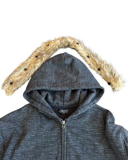 Defective Struct Fur Hood All-Over Script Print Zip Sweatshirt