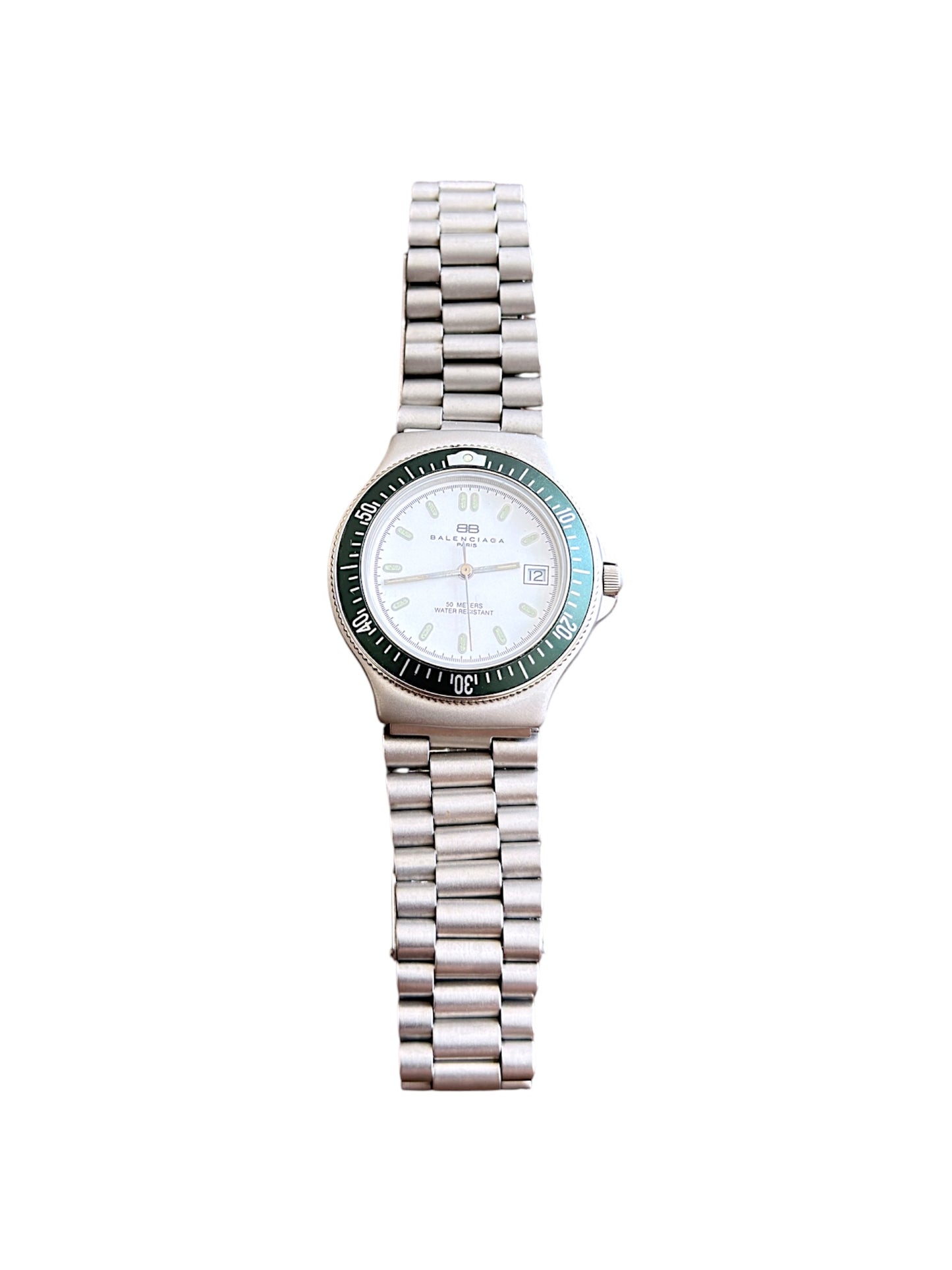 Balenciaga Vintage White Dial Green Case Stainless Steel GMT Watch