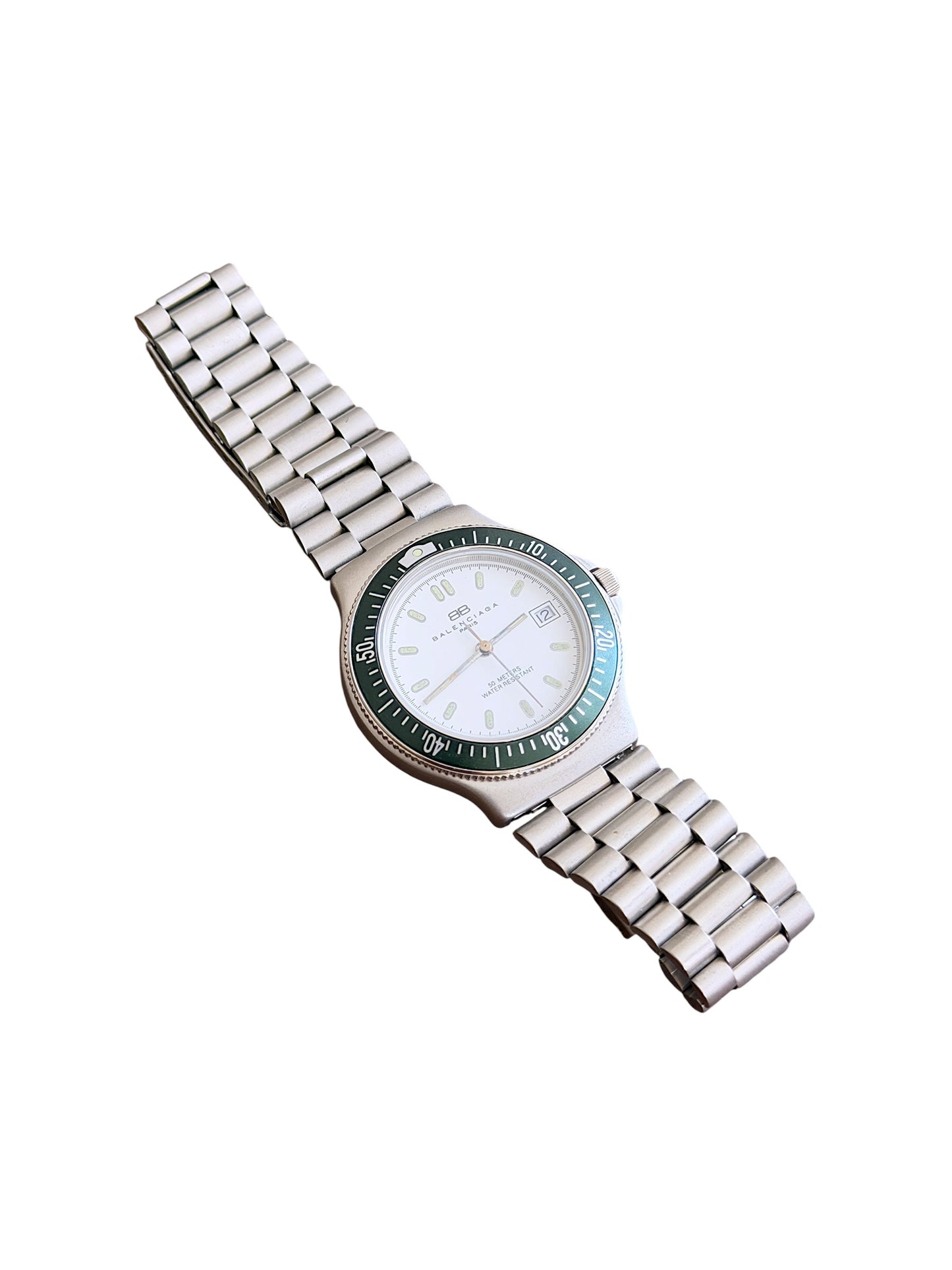 Balenciaga Vintage White Dial Green Case Stainless Steel GMT Watch