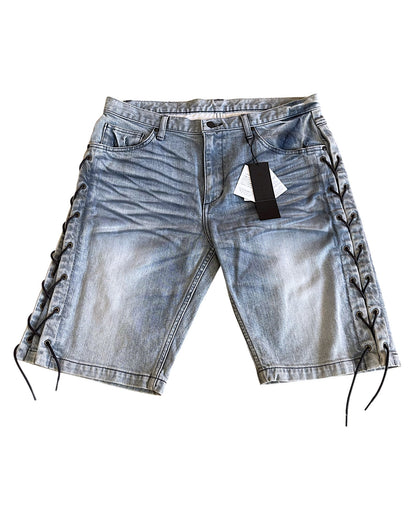 Tornado Mart Side Lace-Up Light Blue Washed Denim Shorts