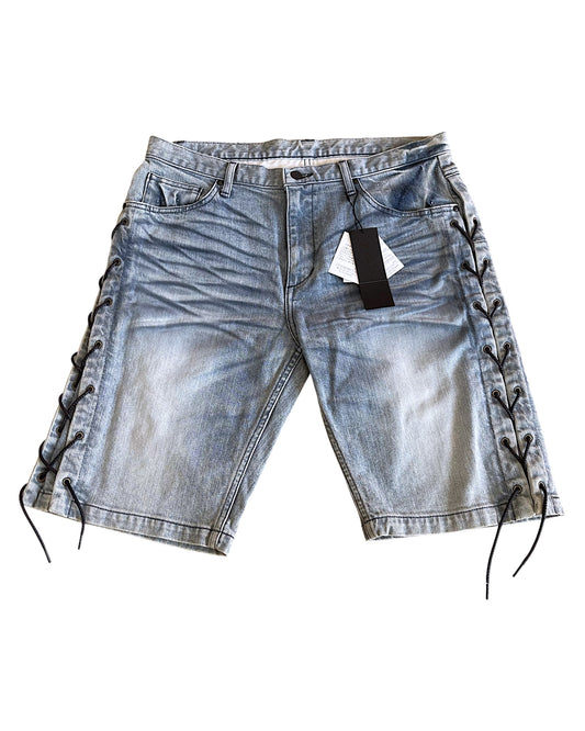 Tornado Mart Side Lace-Up Light Blue Washed Denim Shorts